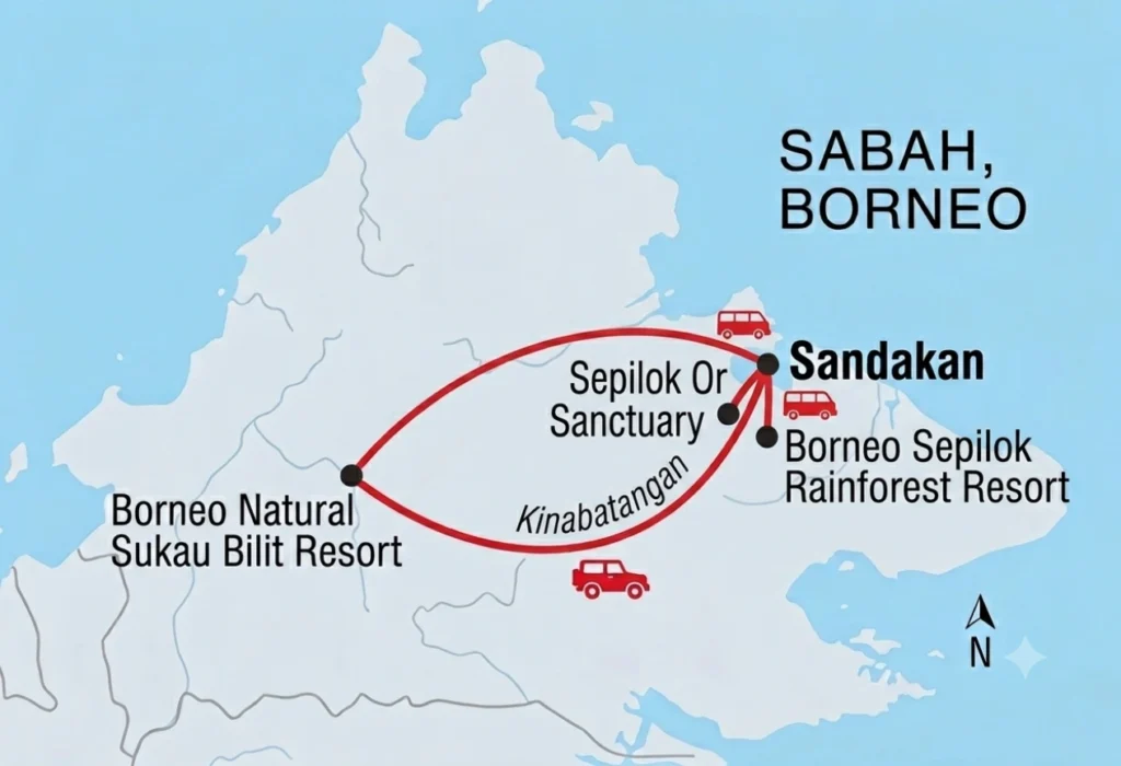 Map showing the Sepilok and Kinabatangan River nature tour route from Sandakan