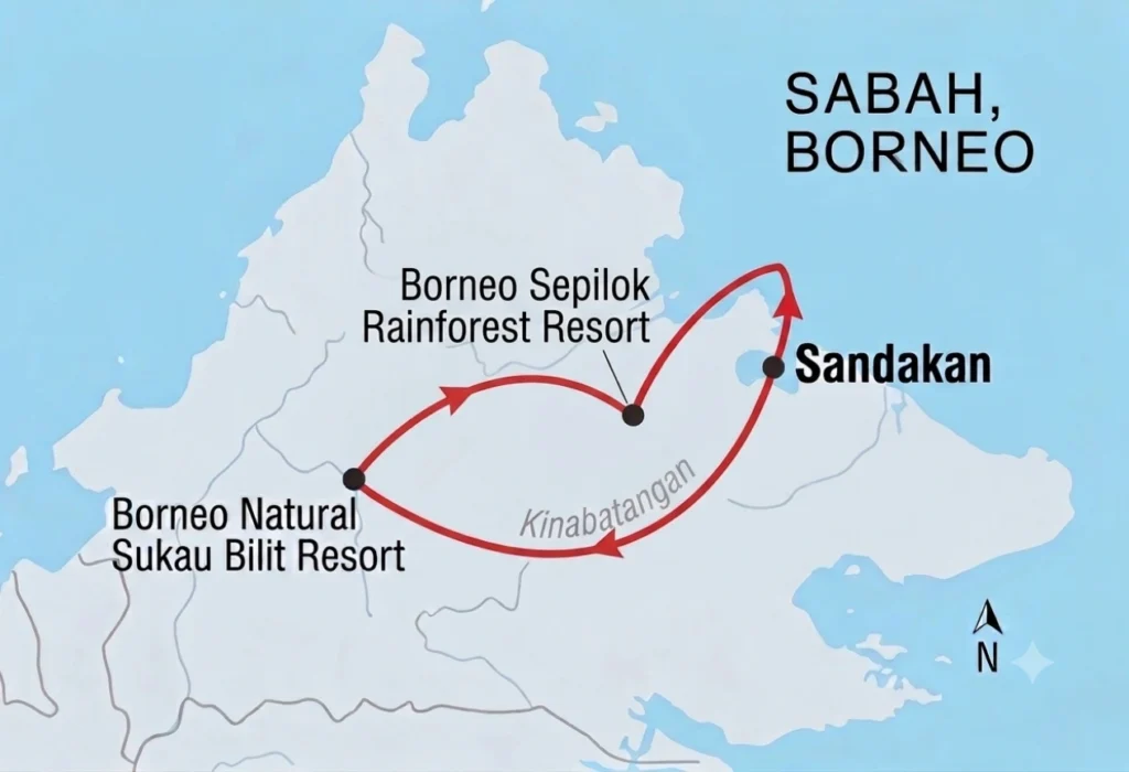 Map showing the 3 day Sepilok and Kinabatangan River adventure route