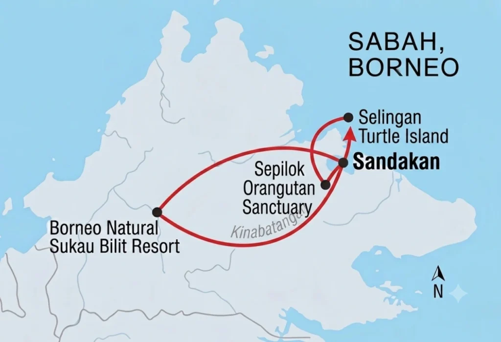 Map showing the Selingan Turtle Island, Sepilok and Kinabatangan River nature tour route