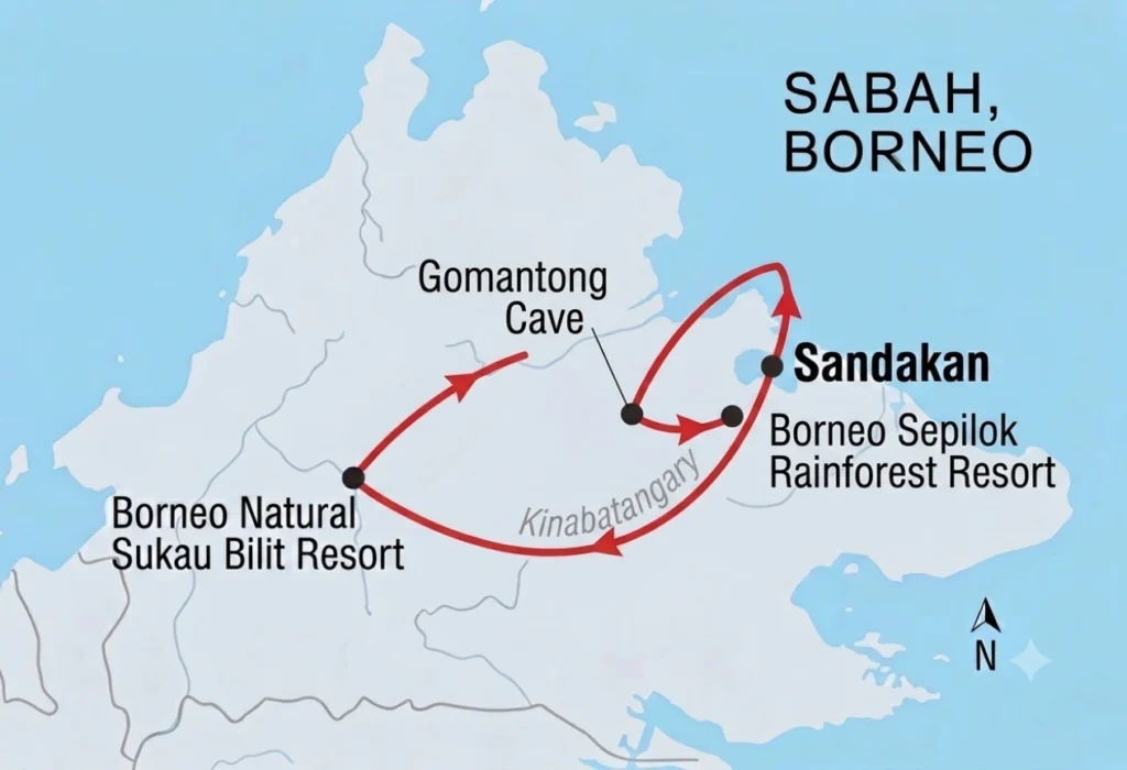 Map showing the 4 day Sepilok, Gomantong Cave and Kinabatangan River route