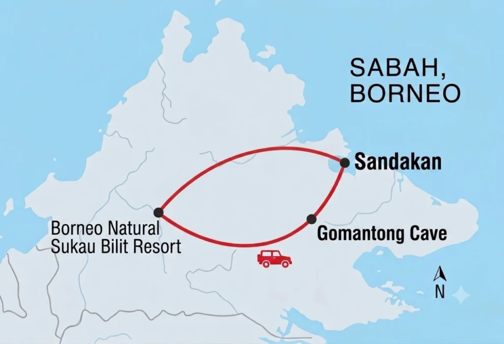 Map showing the Sandakan, Gomantong Cave and Kinabatangan River tour route