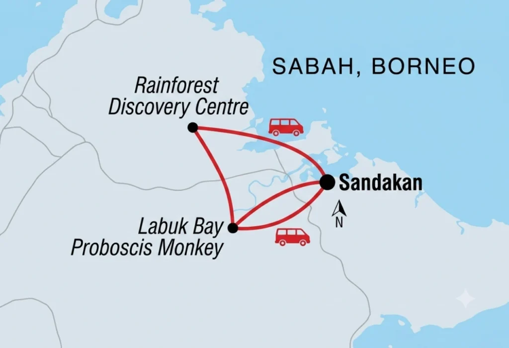 Map showing the Labuk Bay Proboscis Monkey Sanctuary and Rainforest Discovery Centre tour route