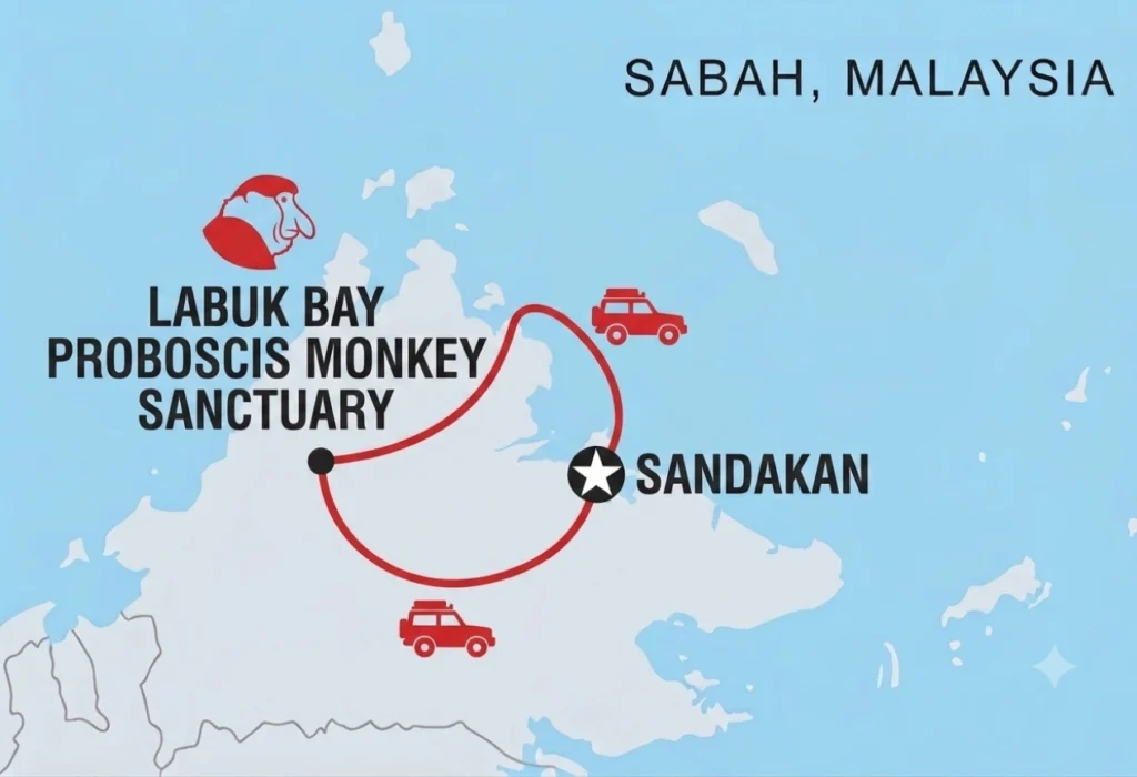 Map showing the Sandakan to Labuk Bay Proboscis Monkey Sanctuary tour route