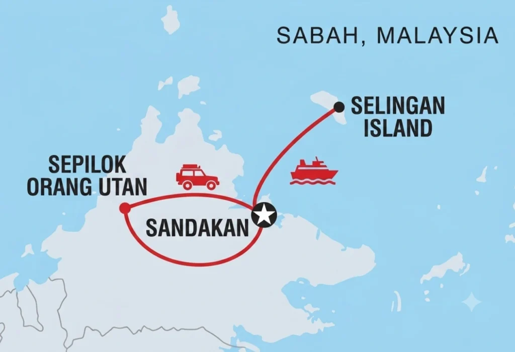 Map showing the Selingan Turtle Island, Sepilok Orangutan and Sun Bear tour route