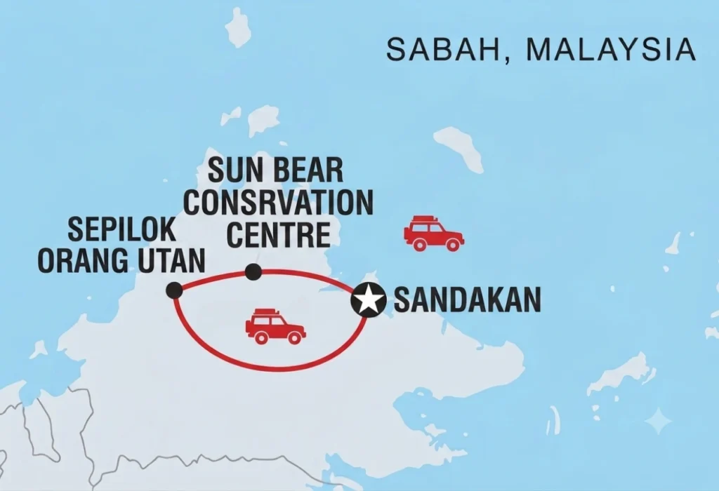 Map showing the Sepilok Orangutan and Bornean Sun Bear tour route from Sandakan