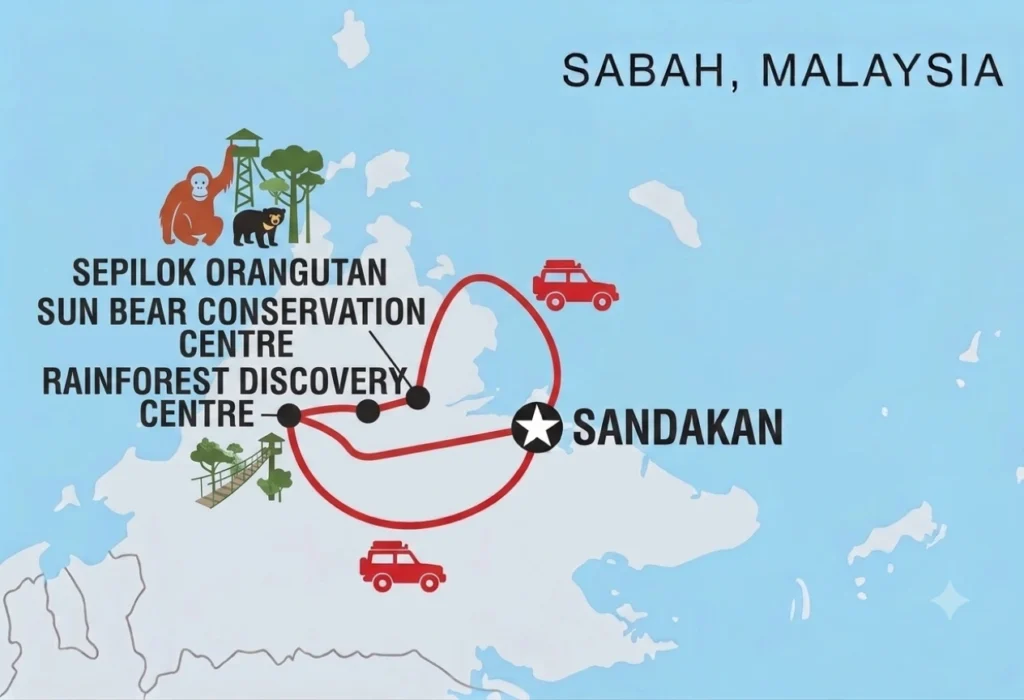 Map showing the Sepilok Orangutan, Sun Bear and Rainforest Discovery Centre tour route