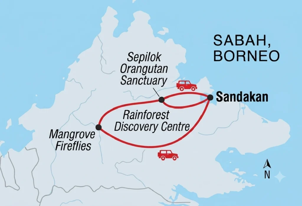 Map showing the Sepilok, Rainforest Discovery Centre and mangrove fireflies cruise route