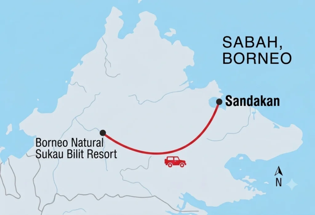 Map showing the Sandakan to Kinabatangan River route via Borneo Natural Sukau Bilit Resort