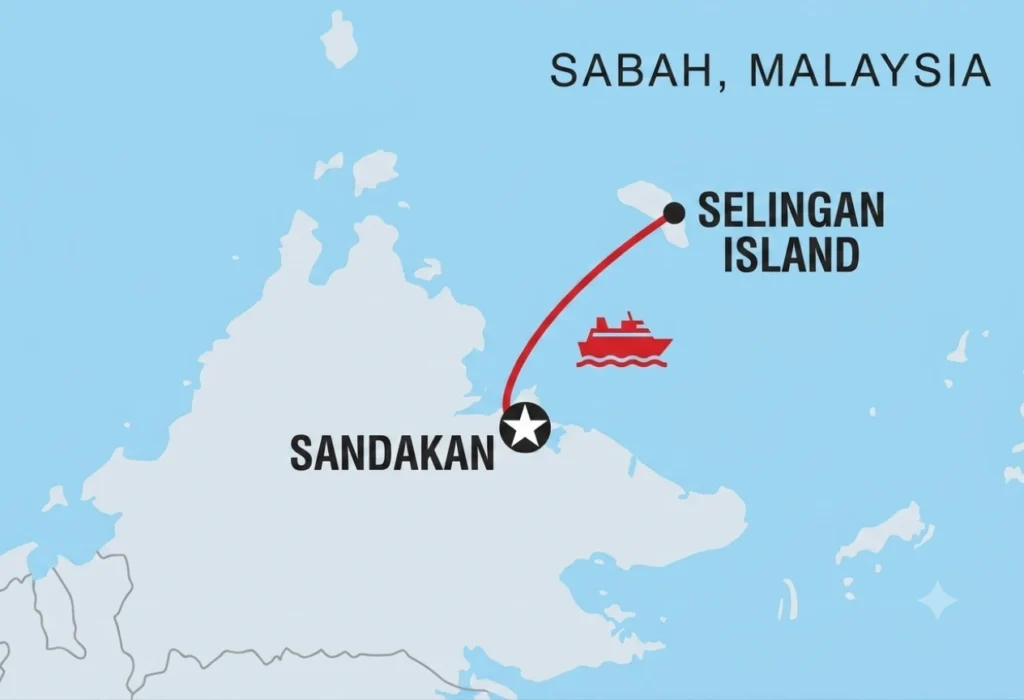 Map showing the Sandakan to Selingan Turtle Island tour route