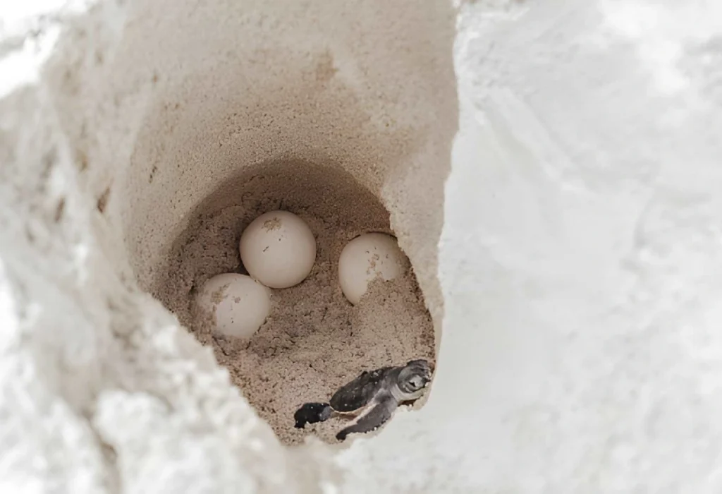 Turtle hatchling emerging from the sand on Selingan Turtle Island